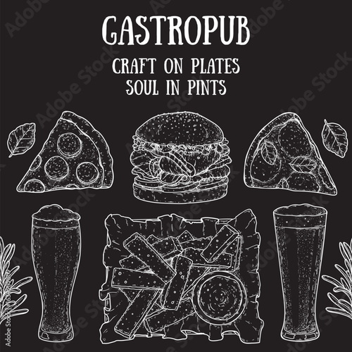 Gastropub menu. Pub food and beer. Hand drawn vector illustration. Food and drink sketch. Top view. Hand drawn food collection for gastropub or pub menu design. Beer, croutons, burger, pizza,snacks