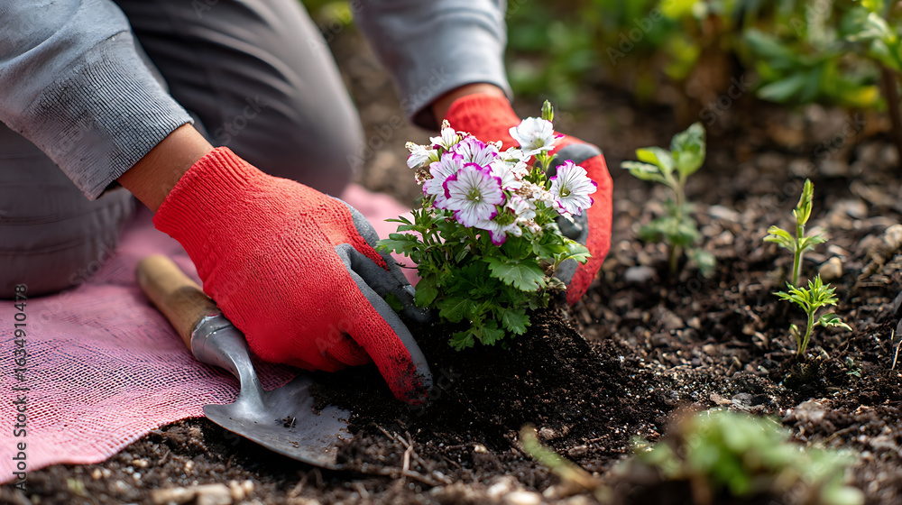 Fototapeta premium Gardener planting pink and white flowers in soil with red gloves and trowel gardening