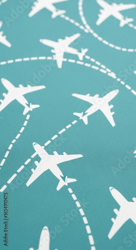 Teal background with white airplane silhouettes and dashed flight paths, representing air travel, journey, and global connectivity