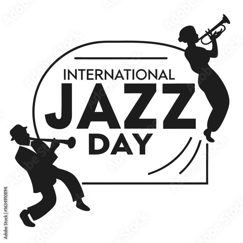 Black silhouette musicians playing trumpets celebrating International Jazz Day with bold text celebration