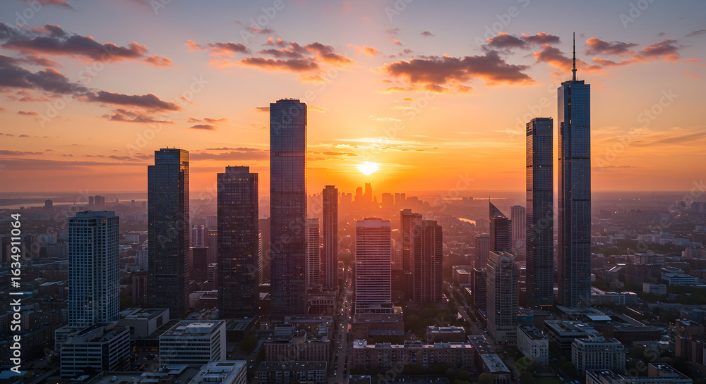 Fototapeta premium A dramatic cityscape at dusk, with the last rays of sun hitting the tallest skyscrapers