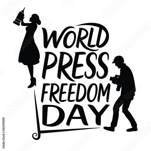 Black silhouette of woman holding microphone and man with camera for world press freedom day journalism