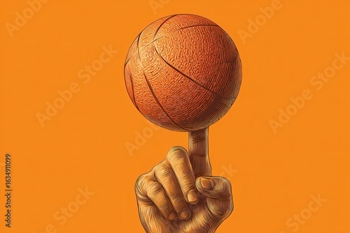 Rotating orange basketball spinning on a finger in front of a vibrant orange background showcasing skill and balance in basketball performance
