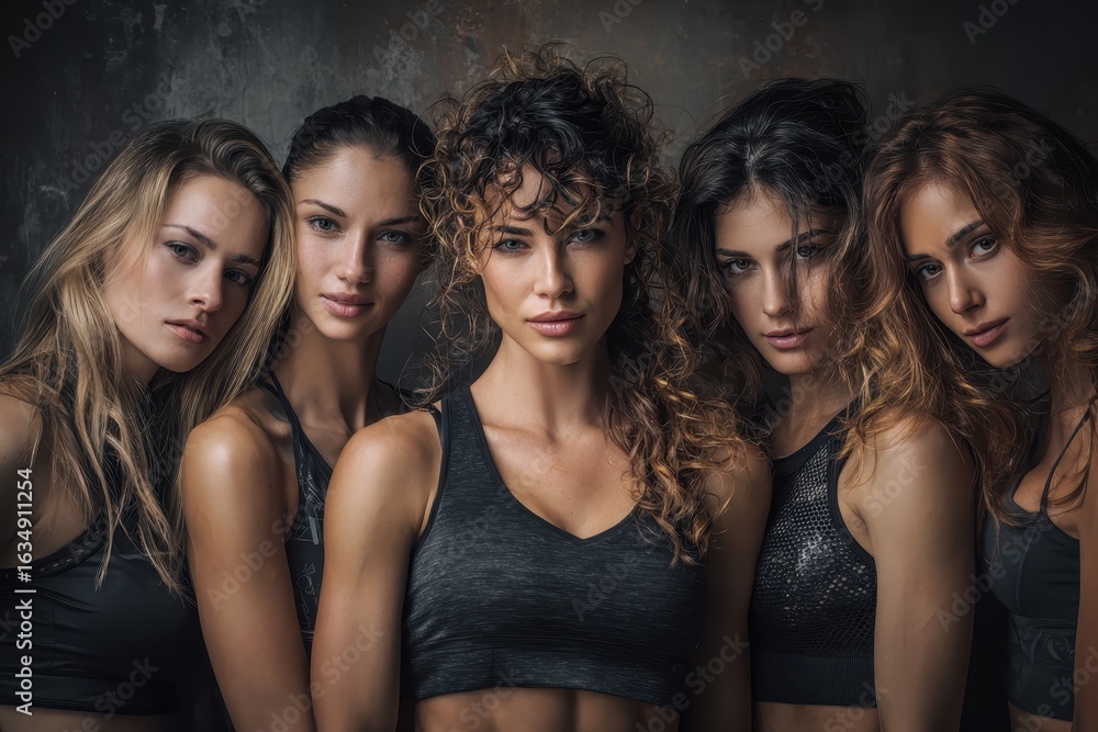 Fototapeta premium Dynamic group of active women showcasing strength and confidence in a stylized studio setting during a fitness session