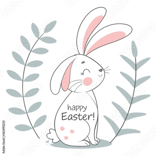 Cute cartoon white bunny with pink ears and cheeks sits between grey leafy branches wishing happy easter