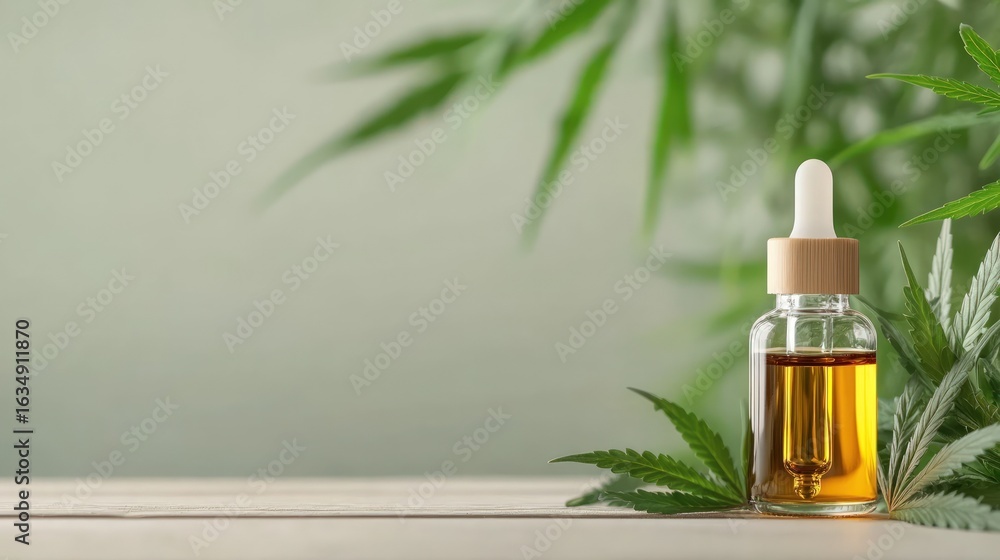 Fototapeta premium Botanical extract in dropper bottle with green leaves for natural health and wellness
