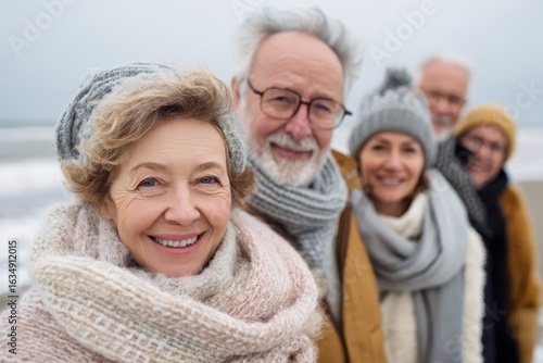 Senior friends enjoy a joyful beach outing together during winter, wrapped in warm clothing and smiling brightly at the camera