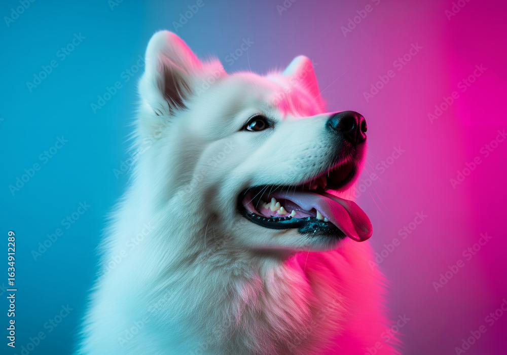 Fototapeta premium Expressive white canine looking up, bathed in a striking dual-tone blue and pink glow