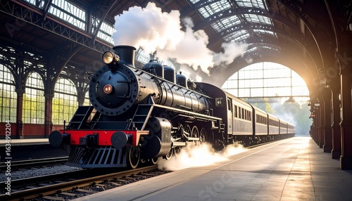 A vintage steam locomotive departing from a grand, arched train station.