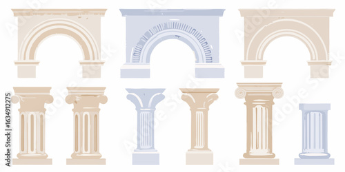 Collection of classical architectural elements arches and columns