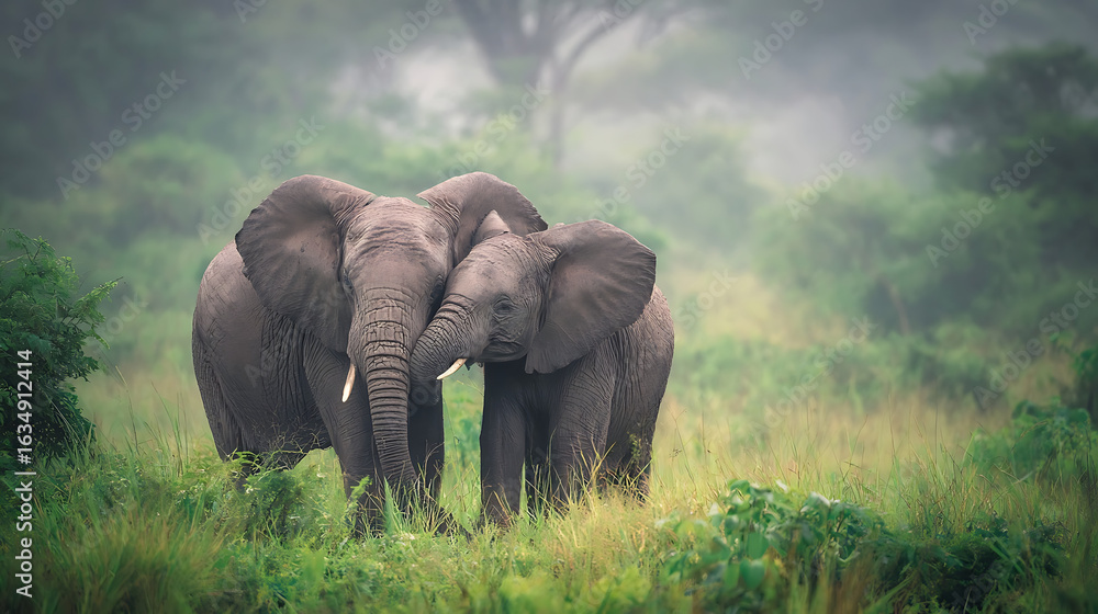 Fototapeta premium Gentle giants embrace in misty savanna elephants wildlife