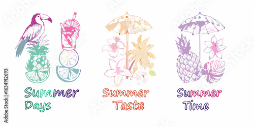 Tropical summer vibes with toucans pineapples and drinks