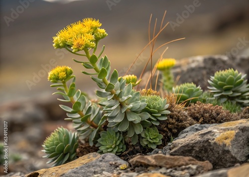 Yellow flowering succulent plant on rocky ground rhodiola rosea