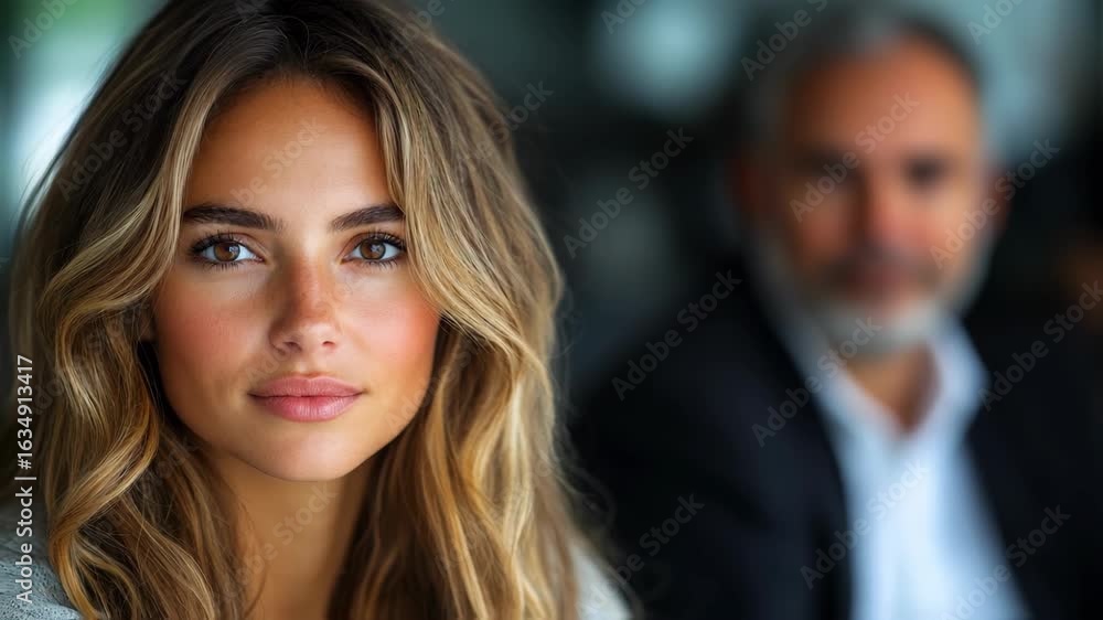 A woman with long blonde hair looks at the camera, a man in the background A woman with long blonde hair looks at the camera, a man in the background