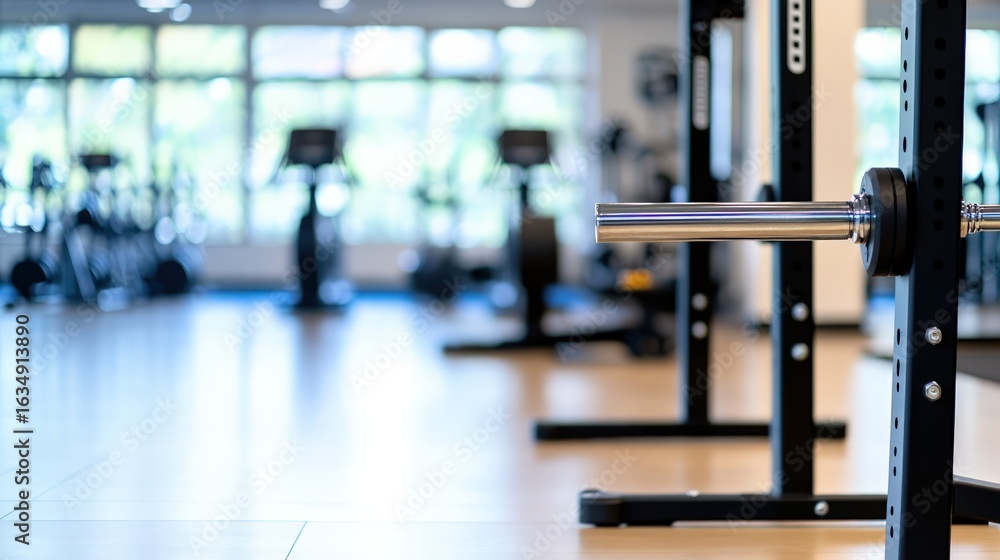 Fototapeta premium Gym interior with weightlifting rack and equipment for fitness and exercise