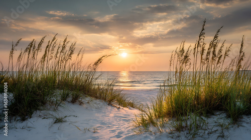 Golden sunset over calm ocean waves with sea oats and sandy dunes beach sand dunes