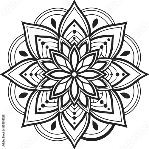Intricate black and white mandala design with floral petal symmetry and geometric patterns