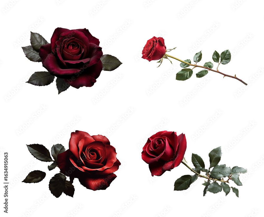 Naklejka premium Four Dark Red Roses Isolated on Transparent Background Single Rose Stem and Buds