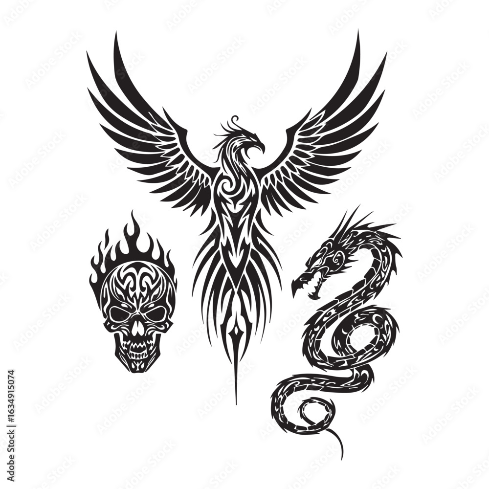 Fototapeta premium Tribal Tattoo Designs: Phoenix, Dragon, and Flaming Skull