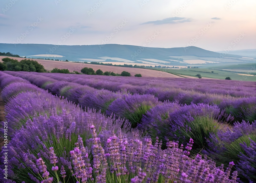Naklejka premium Rows of blooming purple lavender fields at sunset flower
