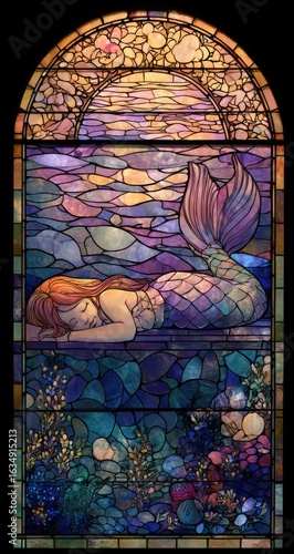 A serene mermaid, with auburn hair, rests on rocks at sunset, her iridescent tail extending into a vibrant underwater scene of sea flora and fauna, framed by arched stained-glass detailing