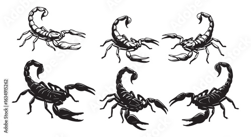 Six Stylized Black Scorpions in Various Poses on White Background