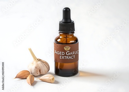 Amber bottle aged garlic extract with garlic bulbs