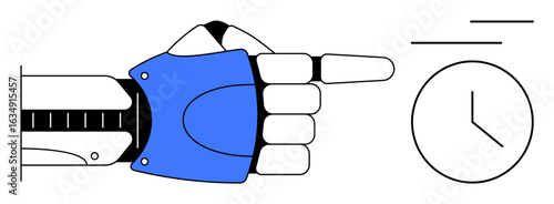 Robotic hand with a blue casing pointing at a minimalist clock, conveying technology, efficiency, and deadlines. Ideal for innovation, automation, scheduling, productivity, punctuality robotics