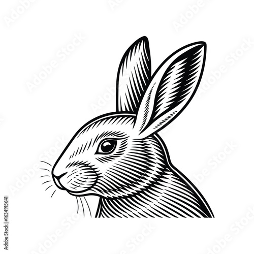 Detailed vintage engraving style illustration of a rabbit s head in profile with a white background