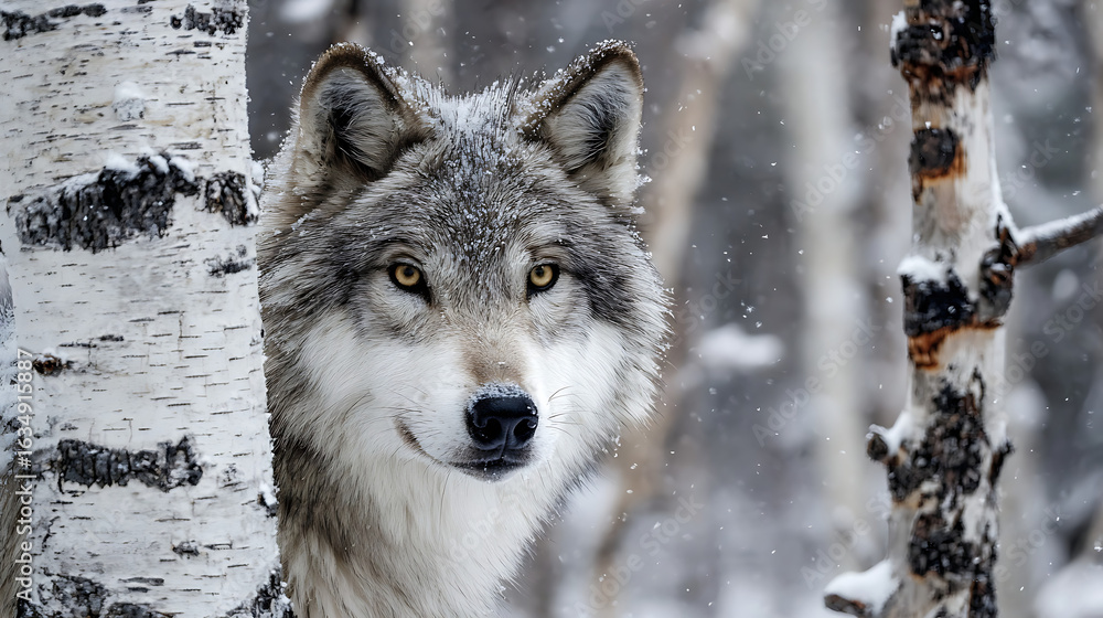Obraz premium Gray wolf peeking from behind birch tree in snowy forest animal wildlife