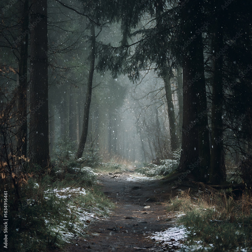 Naklejka premium Ethereal snowfall in a dense forest creates an enchanting atmosphere of tranquility