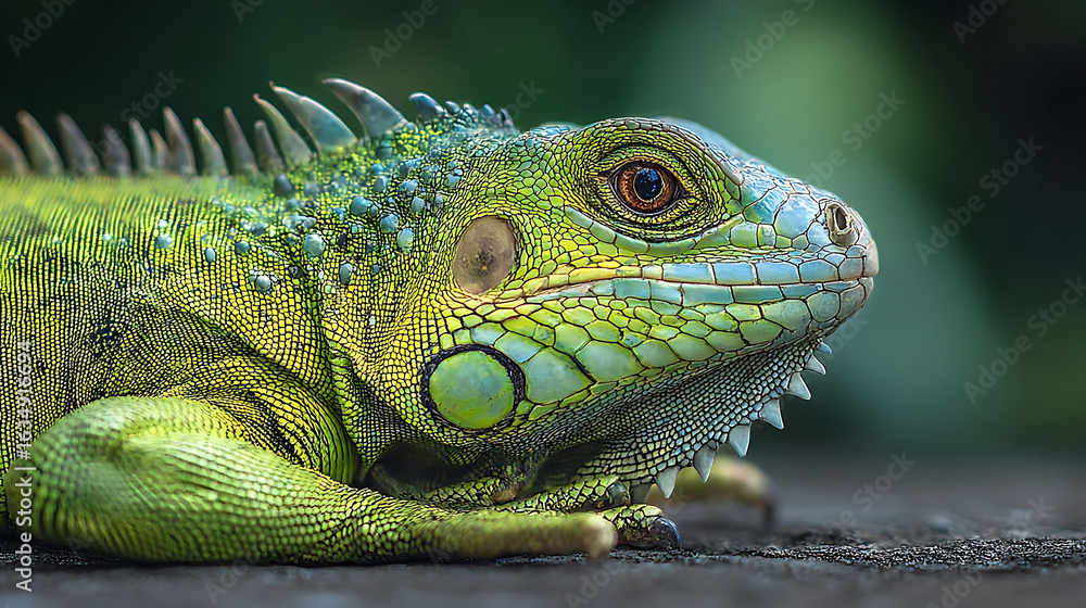 Fototapeta premium Green iguana reptile detailed profile with spiky crest and textured scales image
