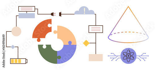 Circular puzzle chart linked through process flow lines, cloud, and battery icons, alongside conical diagram and atom icon. Ideal for workflow, energy, collaboration, problem-solving, innovation