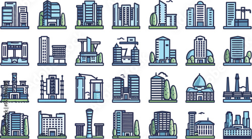 City skyline illustration featuring a set of vector buildings, skyscrapers, and a variety of urban architecture
