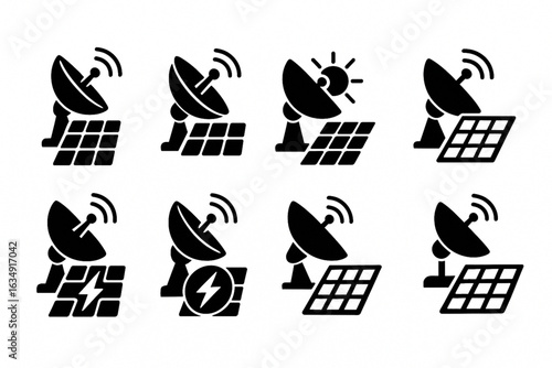 Satellite Dish and Solar Panel Icons, Tech Signal and Energy Vector Silhouettes