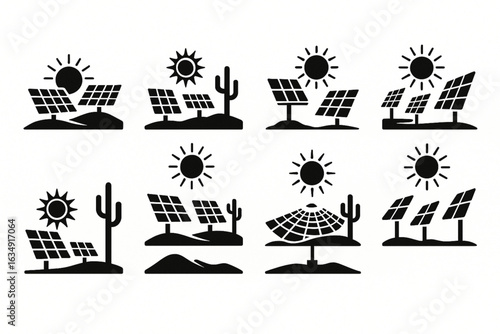 Desert Solar Farm and Sun Tracking Field Icons, Clean Vector Silhouettes