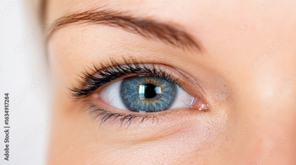Fototapeta premium Detailed close up of a human blue eye with eyelashes and brow
