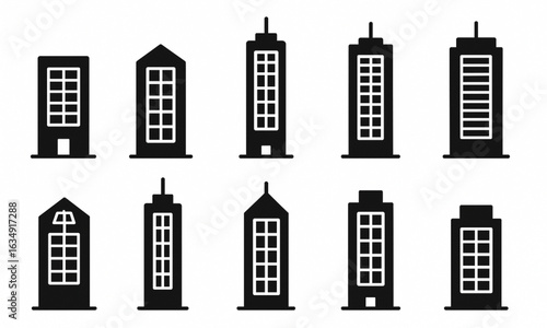 Vertical Axis Solar Panel Icons for Skyscrapers, Architectural Energy Vector Silhouettes