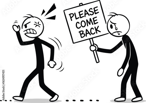Angry Stick Figure Refuses to Return as Another Pleads with Sign upset leaving