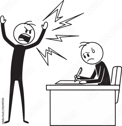 Angry stick figure yelling at another stick figure at desk shouting aggressive