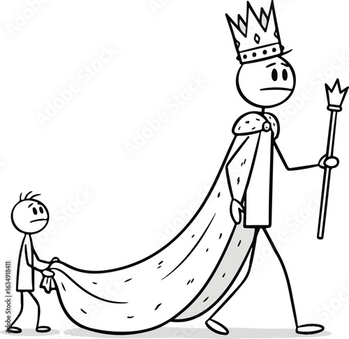 King with long cape followed by small person holding the train royalty monarch