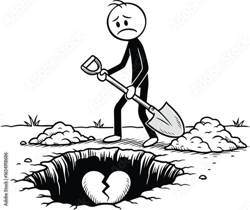 Sad Stick Figure Burying Broken Heart In Ground heartbreak sadness