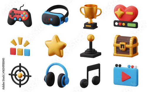 3D Game Icons: Virtual Reality, Gaming Controller, Trophy, and More