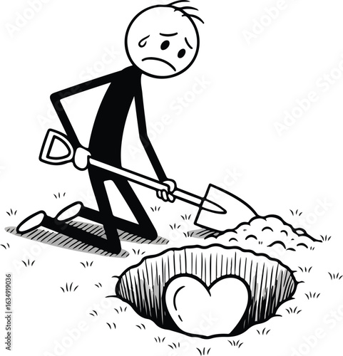 Stick Figure Burying Heart In Ground With Shovel burial digging