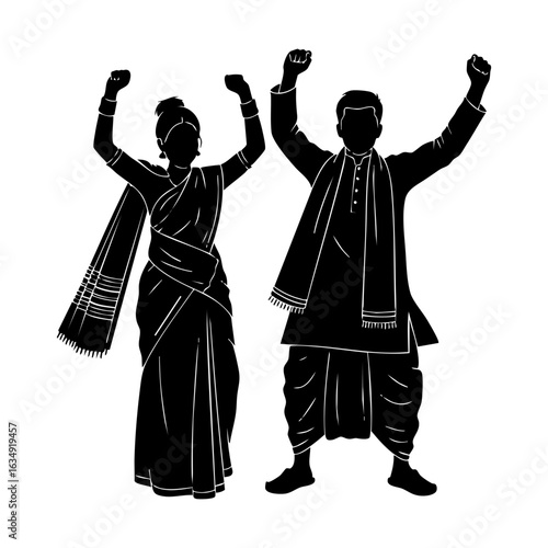Assamese Mekhela Sador Dhoti Kurta Gamosa Couple Vector - Northeast India Cultural Logo
