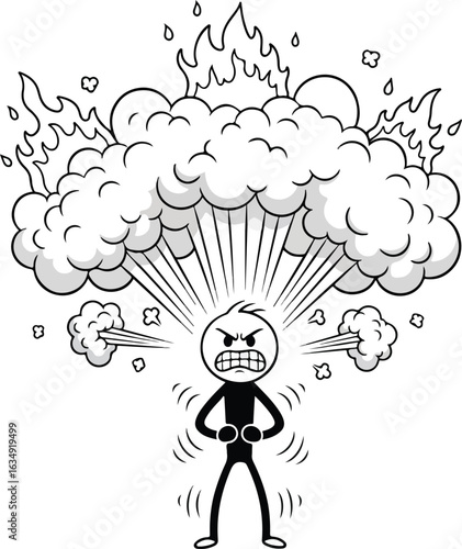 Stick figure exploding with anger fire and smoke rage fury
