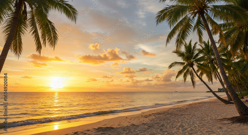 Fototapeta premium Serene Tropical Beach Sunset with Palm Trees and Ocean Waves