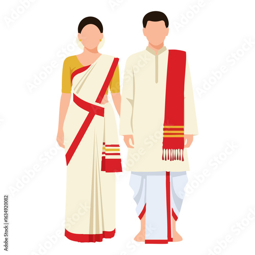 Assamese Mekhela Sador Dhoti Kurta Gamosa Couple Vector - Northeast India Cultural Logo