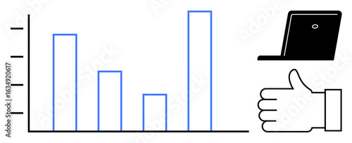 Bar chart displaying increasing data, digital device, and thumbs up symbolizing growth, success, and technology use. Ideal for business, analytics, performance, feedback branding success visuals