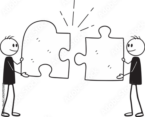 Two Stick Figures Connecting Puzzle Pieces teamwork